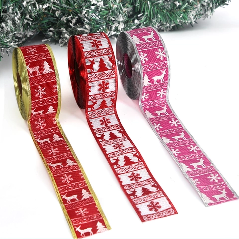 Cinta Navideña Borde con Alambre Reno Copo de Nieve Estampado Poliéster para Árbol de Navidad Envoltura de Regalo Fiesta DIY