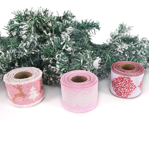 Christmas Wired Edge Ribbon Pink White Red Glitter Reindeer Lace Damask Pattern Polyester Fabric For Tree Decoration Gift Wrapping DIY Crafts