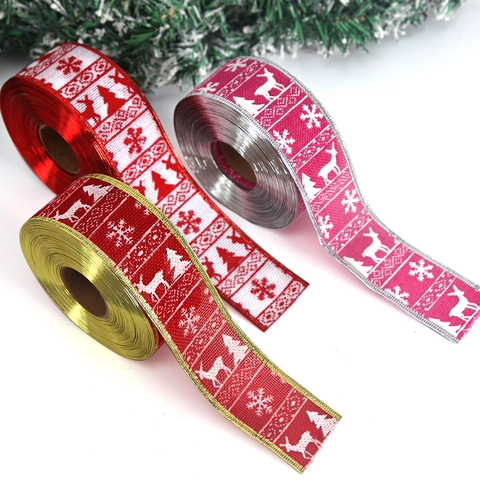 Christmas Wired Ribbon Reindeer Snowflake Pattern Polyester Fabric Ribbon For Christmas Tree Decoration Gift Wrapping