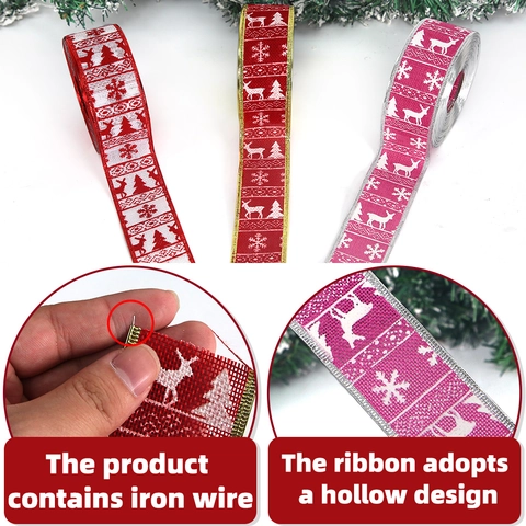 Christmas Wired Ribbon Reindeer Snowflake Pattern Polyester Fabric Ribbon For Christmas Tree Decoration Gift Wrapping