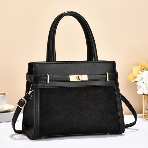 Women Retro Patchwork PU Leather Handbag Elegant Suede Stitching Shoulder Bag With Gold Metal Lock Crossbody Purse For Office Daily
