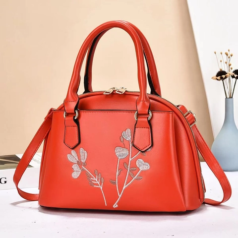 Borsa a Mano da Donna con Ricamo Floreale in Pelle PU Borsa a Tracolla Con Doppi Manici Ferramenta Dorata Elegante Tote