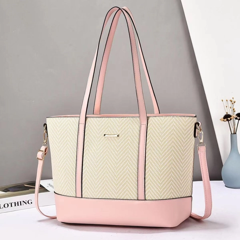 Women Large Capacity Tote Bag Woven Texture PU Leather Contrast Color Handbag Fashion Commuter Shoulder Crossbody Bag