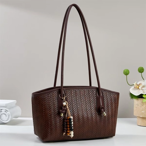 Geflochtene PU Leder Tragetasche Große Kapazität Schulter Handtasche Mit Holzperlen Quaste Minimalistisch Lässig Damen