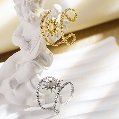 Minimalistischer 304 Edelstahl Sternenstrahl Offener Ring Für Damen Retro Sonnenmuster Verstellbarer Böhmischer Modeschmuck