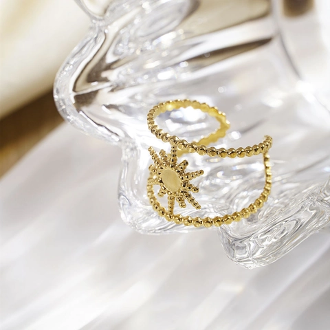 Minimalistischer 304 Edelstahl Sternenstrahl Offener Ring Für Damen Retro Sonnenmuster Verstellbarer Böhmischer Modeschmuck