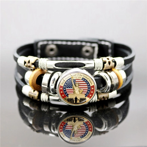 Amerikaanse 250e Verjaardag Armband Meerlaags Gevlochten Leer Legering Hout Glas Heren Herdenkingssieraden Punk Stijl