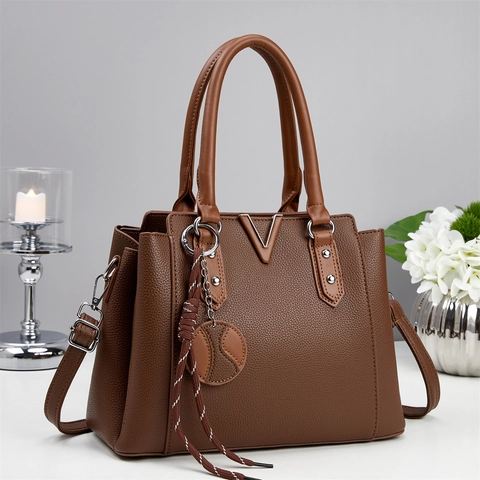 Large Capacity Women PU Leather Litchi Pattern Handbag With V-Shape Metal Decor Detachable Shoulder Strap Commuter Satchel Tote Bag