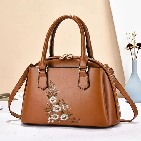 Damen Vintage PU Leder Handtasche Blumen Stickerei Große Kapazität Top Griff Tasche Mit Verstellbarem Schultergurt Umhängetasche