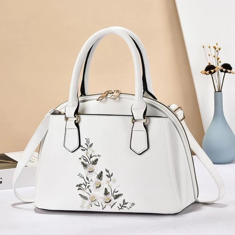 Damen Vintage PU Leder Handtasche Blumen Stickerei Große Kapazität Top Griff Tasche Mit Verstellbarem Schultergurt Umhängetasche