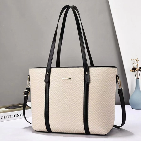 Large Capacity Tote Bag Woven Fabric And PU Leather Handbag With Detachable Shoulder Strap For Daily Casual For Women