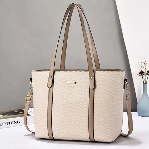 Large Capacity Tote Bag Woven Fabric And PU Leather Handbag With Detachable Shoulder Strap For Daily Casual For Women