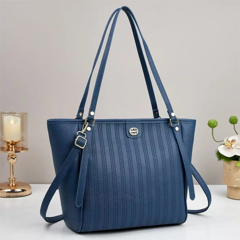 Sac Fourre-Tout Pour Femmes Cuir PU Grande Capacité Rayures Verticales Mode Commute Sac À Main Avec Bandoulière Amovible