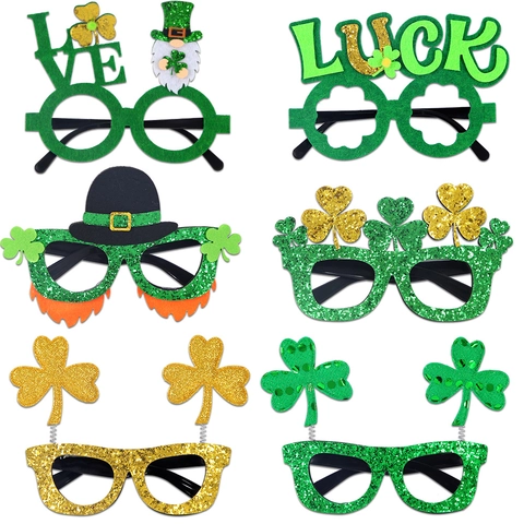 Occhiali da Festa per San Patrizio Verde Oro Trifoglio Glitter Feltro Costume Occhiali Accessori Fotografici per Celebrazione Festival Irlandese