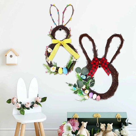 Couronne de Pâques en Rotin Lapin Avec Nœud Écossais Plante Artificielle Oeufs Colorés Décoration Suspendue pour Maison Porte Jardin Printemps