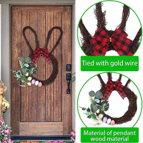 Ghirlanda di Vite di Coniglietto di Pasqua Con Uova Colorate Fiocco a Quadri Coniglio di Legno Decorazione da Appendere alla Porta