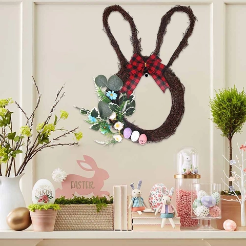 Couronne de Pâques en Rotin Lapin Avec Nœud Écossais Plante Artificielle Oeufs Colorés Décoration Suspendue pour Maison Porte Jardin Printemps