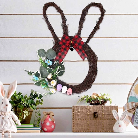 Ghirlanda di Pasqua a Forma di Coniglio in Rattan Decorazione da Appendere alla Porta Con Fiocco Gingham Fiori Artificiali Uova Festa Casa