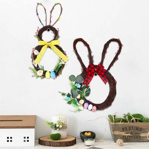 Ghirlanda di Pasqua a Forma di Coniglio in Rattan Decorazione da Appendere alla Porta Con Fiocco Gingham Fiori Artificiali Uova Festa Casa