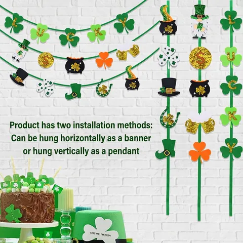 St Patricks Day Filz Banner Grünes Kleeblatt Gnom Dekorationen Glücklich Goldmünze Ornament Festliche Party Hängedeko