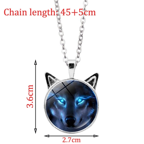 Vintage Wolf Head Pendant Necklace With Cat Ears Glass Cabochon Alloy Chain Glowing Blue Eyes Retro Punk Jewelry For Men Women