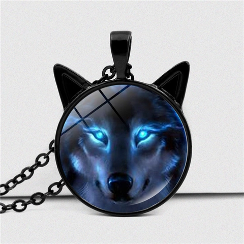 Vintage Wolf Head Pendant Necklace With Cat Ears Glass Cabochon Alloy Chain Glowing Blue Eyes Retro Punk Jewelry For Men Women