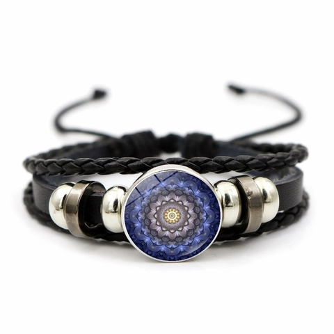 Bracelet Multicouche En Cuir Tressé Vintage Avec Gemme En Verre Mandala Perles En Alliage Réglable Style Bohème Ethnique