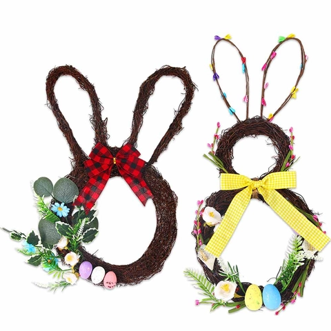 Ghirlanda di Vite di Coniglietto di Pasqua Con Uova Colorate Fiocco a Quadri Coniglio di Legno Decorazione da Appendere alla Porta
