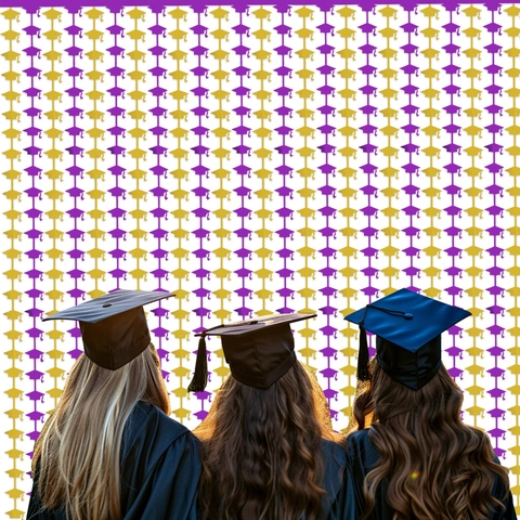 Afstudeerhoed Folie Franje Gordijn Klatergoud Achtergrond Paars Goud Academische Hoed Feestdecoratie Foto Props