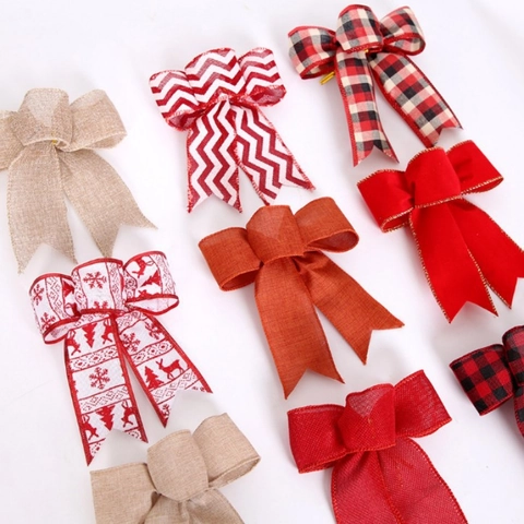 Handmade Christmas Bows For Wreath Tree Decorations Faux Linen Plaid Snowflake Reindeer Print Bow Ornament For Festive Decor