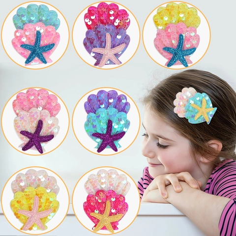 Fermagli per Capelli Bambini a Tema Oceano con Conchiglie e Stelle Marine Paillettes Fiocco in Rete Accessori Capelli Glitter