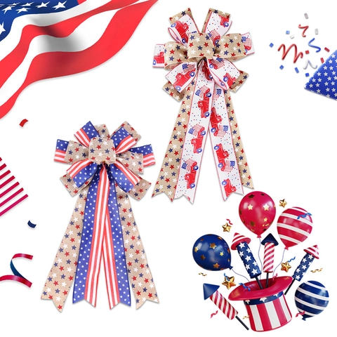 Independence Day Patriotic Bow Decoration American Flag Star Striped Burlap Bow For July 4th Party Home Outdoor Hanging Ornament
