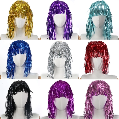 Peluca de PET Brillante Gorro de Flecos para Fiesta Tocado Metálico de Colores Accesorios de Disfraz Carnaval Cumpleaños