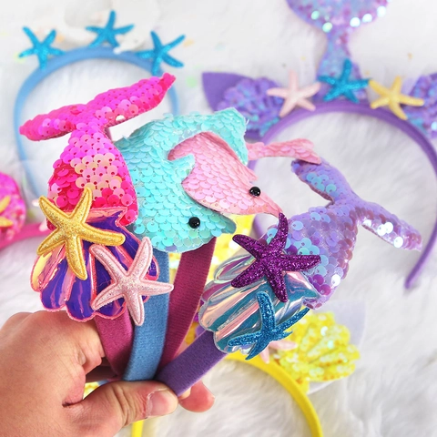 Cerchietto con Coda di Sirena in Paillettes per Ragazze Tema Oceano Stella Marina Conchiglia Accessorio per Feste di Compleanno