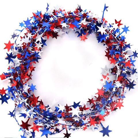 Independence Day Star Tinsel Garland Red White Blue PET Metallic Stars With Iron Wire For Patriotic Party Decoration