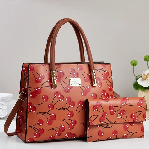 Kirschdruck Tote Handtasche Und Lange Brieftasche PU Leder Große Kapazität Umhängetasche Für Damen Chic