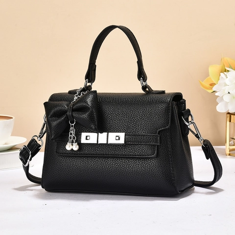 Women Fashion Lychee Pattern PU Leather Handbag With Bowknot Artificial Pearl Decor Elegant Shoulder Crossbody Bag Daily Commuting