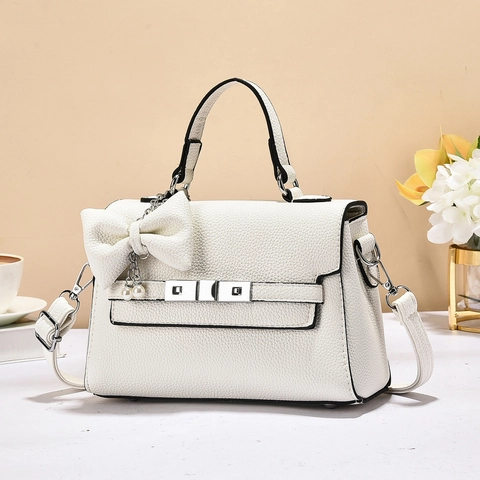 Women Fashion Lychee Pattern PU Leather Handbag With Bowknot Artificial Pearl Decor Elegant Shoulder Crossbody Bag Daily Commuting
