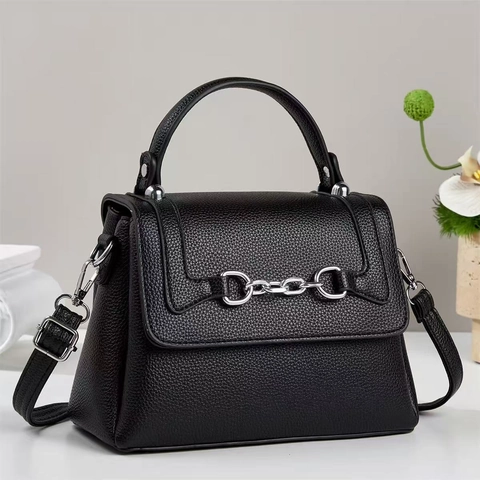 Women Fashion PU Leather Handbag With Silver Horsebit Decoration Crossbody Shoulder Bag Lychee Texture Square Top Handle Bag