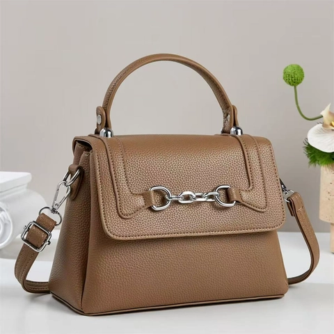 Women Fashion PU Leather Handbag With Silver Horsebit Decoration Crossbody Shoulder Bag Lychee Texture Square Top Handle Bag