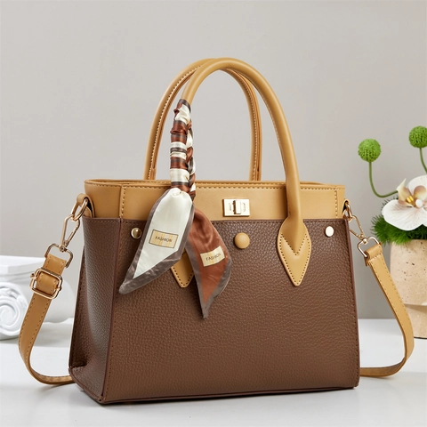 Borsa A Mano Da Donna In Pelle PU Trama Litchi Borsa A Spalla Tracolla Retro Grande Capacità Con Foulard Di Raso