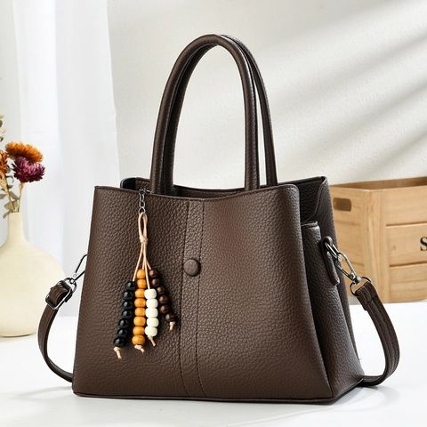 Bolso de Mano de Cuero PU de Grano de Lichi para Mujer Con Borla de Cuentas de Madera Bolso Bandolera Simple para Oficina