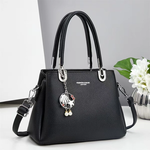 Bolso De Mano Para Mujer De Cuero PU Gran Capacidad Bolso De Hombro Con Colgante De Perla Artificial De Concha Elegante Diario