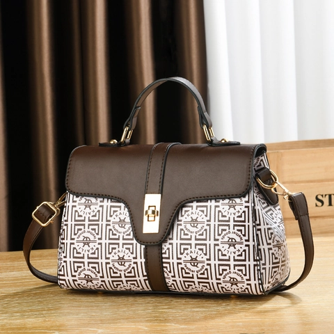 Women's Vintage PU Leather Handbag Monogram Print Satchel Bag Metal Rotary Lock Commuter Crossbody Bag Fashion Accessory