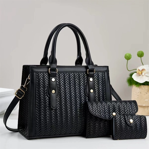 Women Elegant Woven Pattern 3-In-1 Bag Set Large Capacity PU Leather Handbag Tote Shoulder Crossbody Purse With Clutch Card Holder