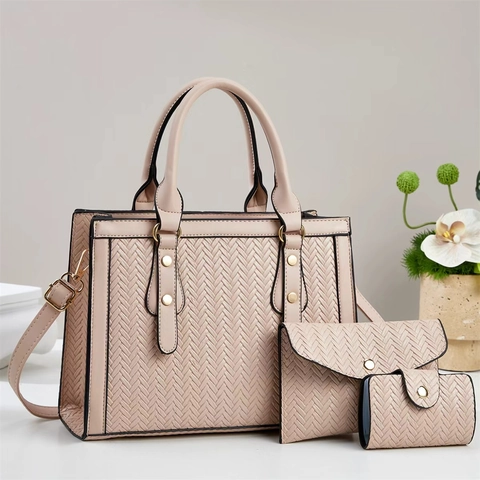 Women Elegant Woven Pattern 3-In-1 Bag Set Large Capacity PU Leather Handbag Tote Shoulder Crossbody Purse With Clutch Card Holder