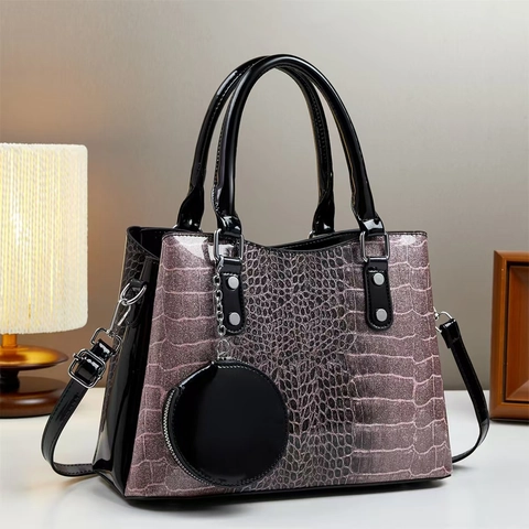 Sac À Main Femmes Crocodile Gaufré Brillant Cuir PU Scintillant Sacoche Avec Petit Porte Monnaie Rond Bandoulière Chic