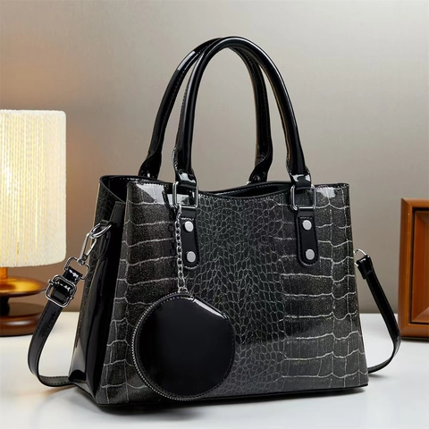 Sac À Main Femmes Crocodile Gaufré Brillant Cuir PU Scintillant Sacoche Avec Petit Porte Monnaie Rond Bandoulière Chic