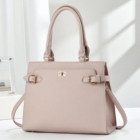 Women Tote Handbag PU Leather Lychee Pattern Large Capacity Commuter Shoulder Bag Crossbody With Gold Lock Decoration