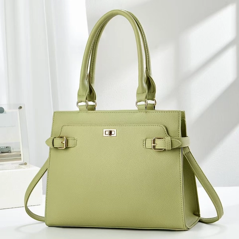 Women Tote Handbag PU Leather Lychee Pattern Large Capacity Commuter Shoulder Bag Crossbody With Gold Lock Decoration